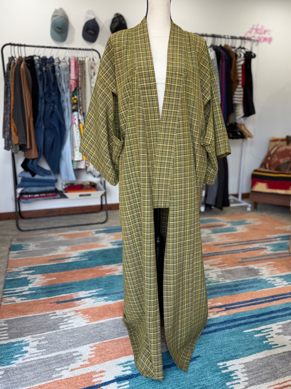 Vintage Plaid Green Duster Kimono Made in Japan Cotton